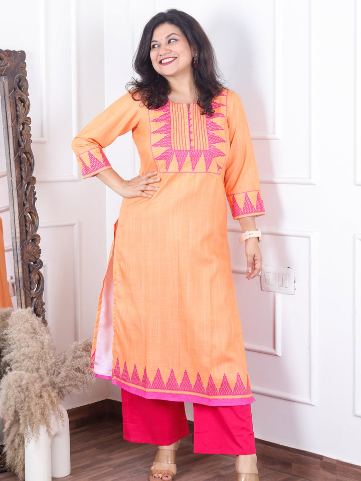 Masumi Bright Orange Temple Hem Print Patch with Potli Button South Cotton Linen Kurti