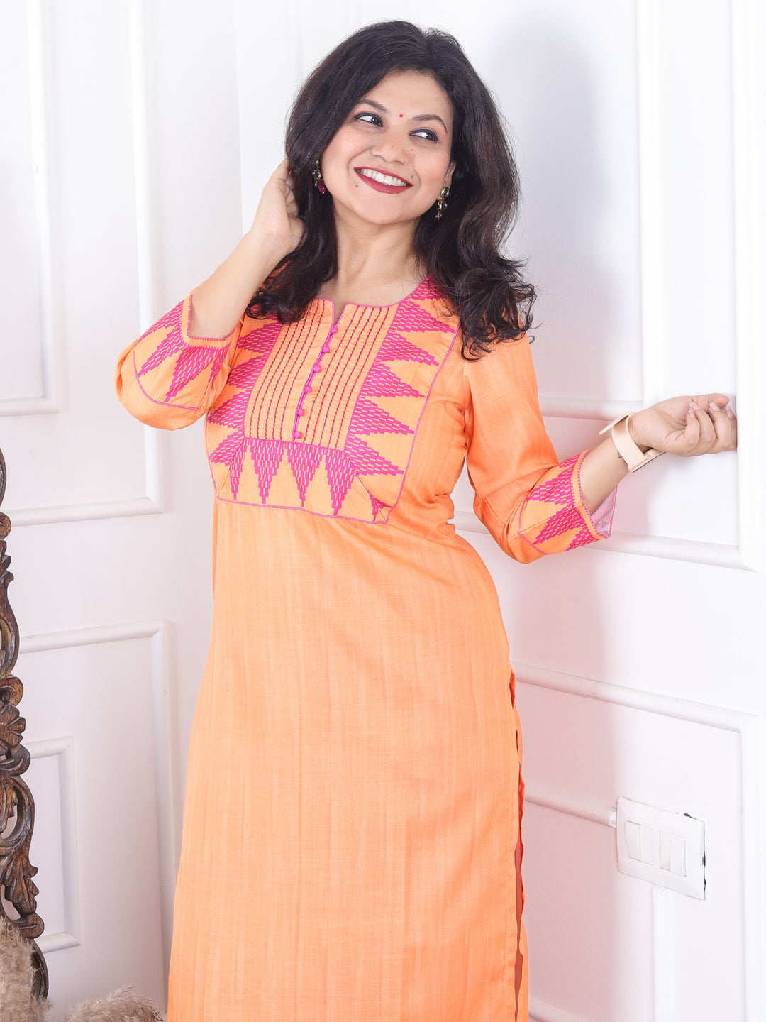 Masumi Bright Orange Temple Hem Print Patch with Potli Button South Cotton Linen Kurti