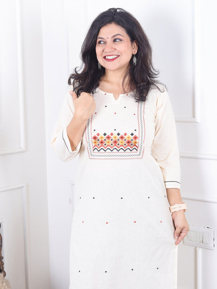 Dashtaan Cream White All Over Thread Buti with Embroidered Neck Cotton Kurti