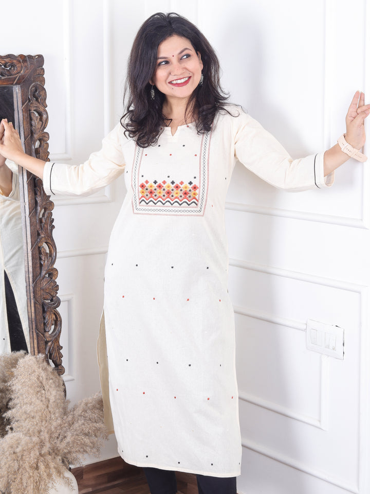 Dashtaan Cream White All Over Thread Buti with Embroidered Neck Cotton Kurti