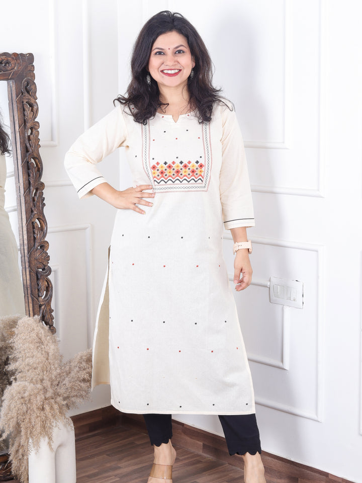 Dashtaan Cream White All Over Thread Buti with Embroidered Neck Cotton Kurti