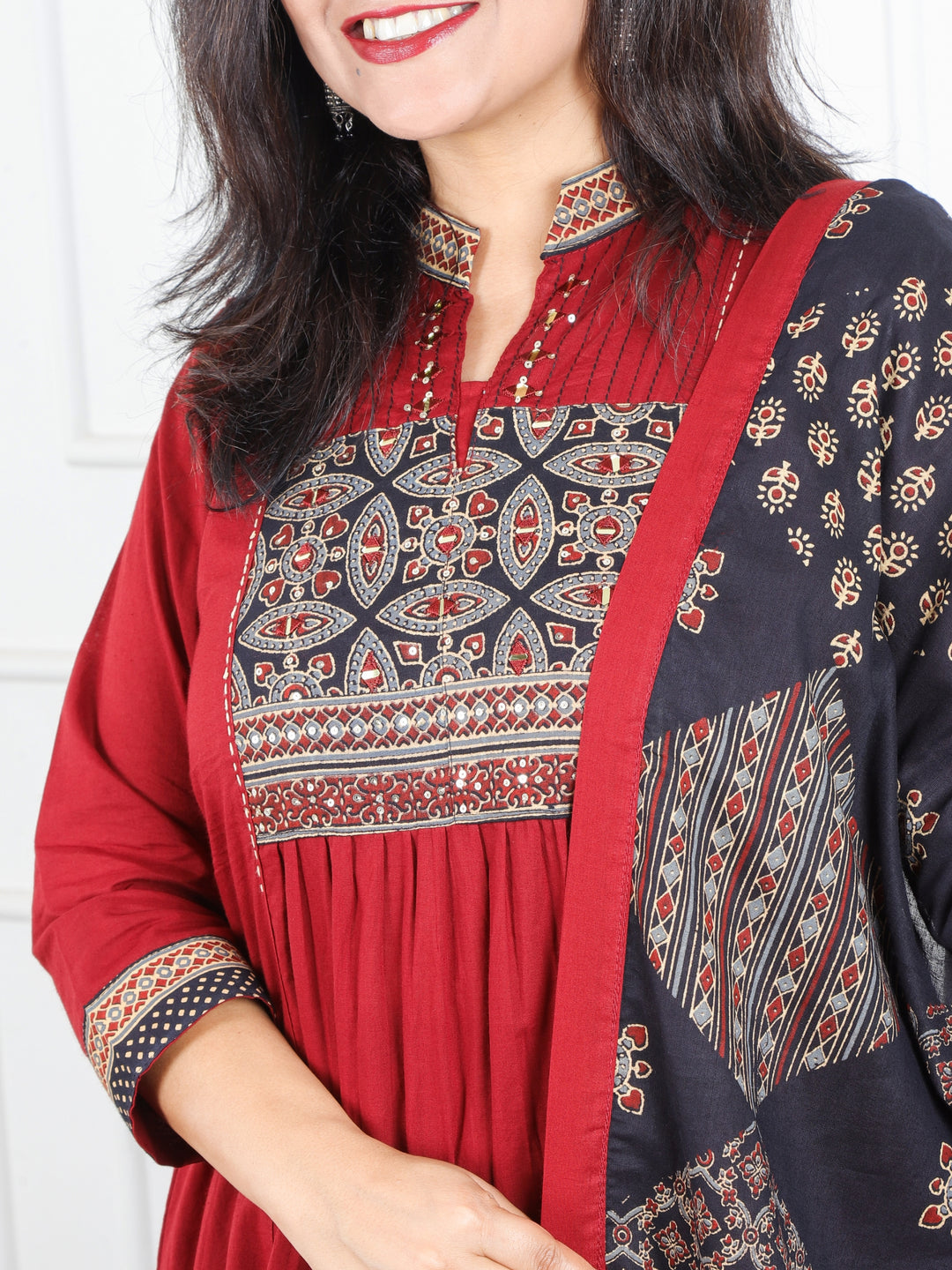 Malikaa Cherry Red Front Gathered Panel with Ajrak and Mirror Work Cotton 3 Piece Set