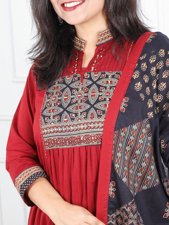 Malikaa Cherry Red Front Gathered Panel with Ajrak and Mirror Work Cotton 3 Piece Set