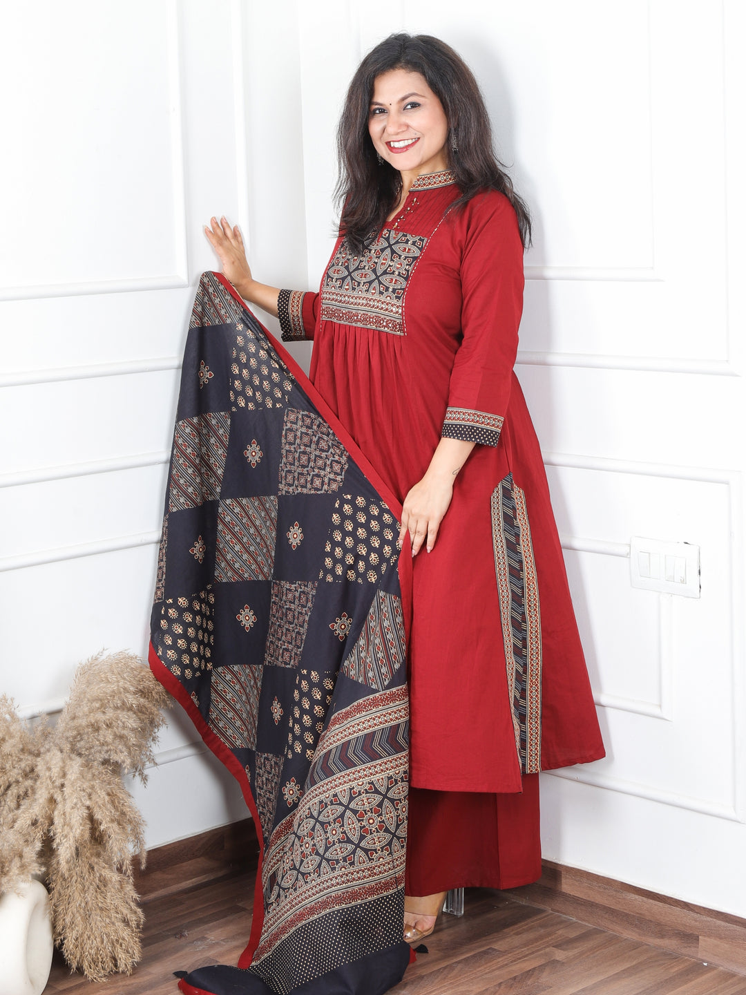 Malikaa Cherry Red Front Gathered Panel with Ajrak and Mirror Work Cotton 3 Piece Set