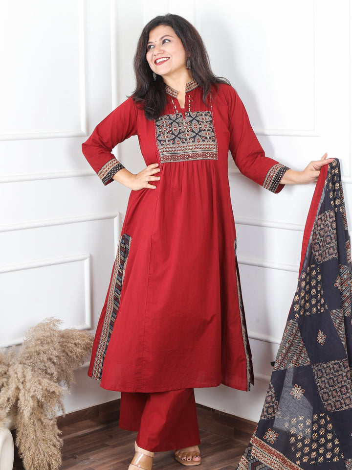 Malikaa Cherry Red Front Gathered Panel with Ajrak and Mirror Work Cotton 3 Piece Set