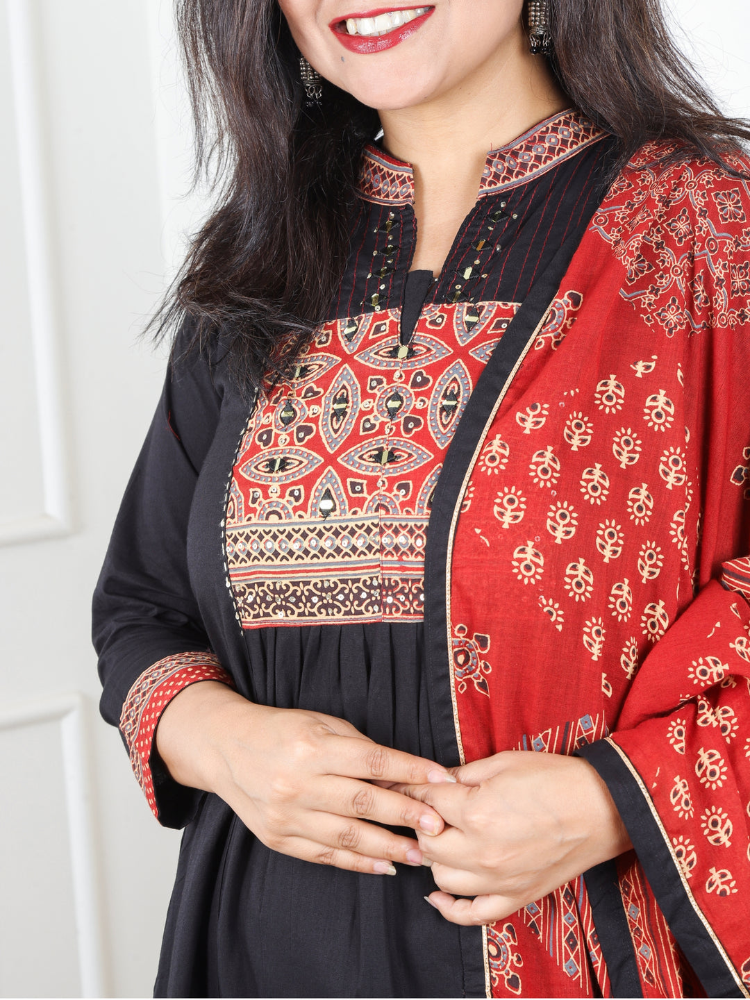 Malikaa Oil Black Front Gathered Panel with Ajrak and Mirror Work Cotton 3 Piece Set