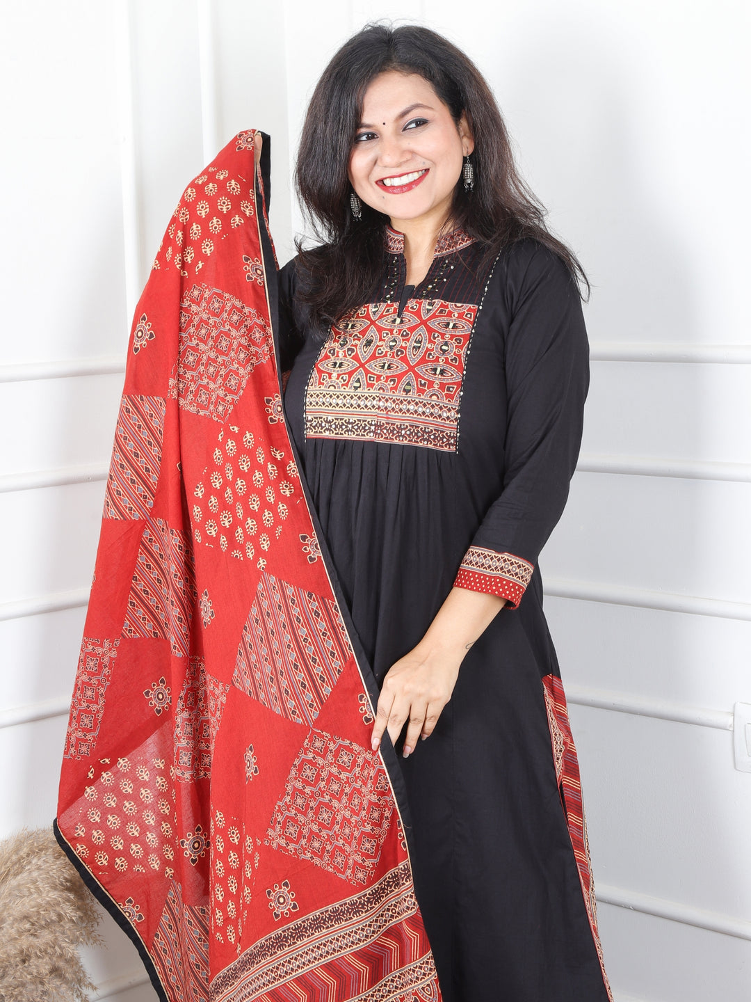 Malikaa Oil Black Front Gathered Panel with Ajrak and Mirror Work Cotton 3 Piece Set
