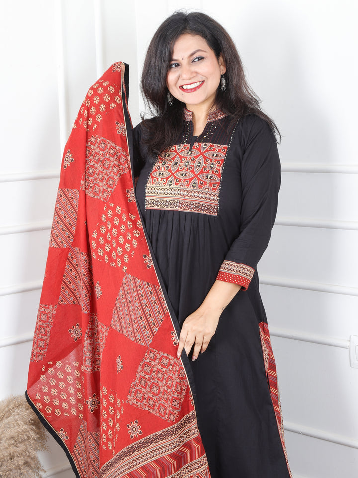 Malikaa Oil Black Front Gathered Panel with Ajrak and Mirror Work Cotton 3 Piece Set