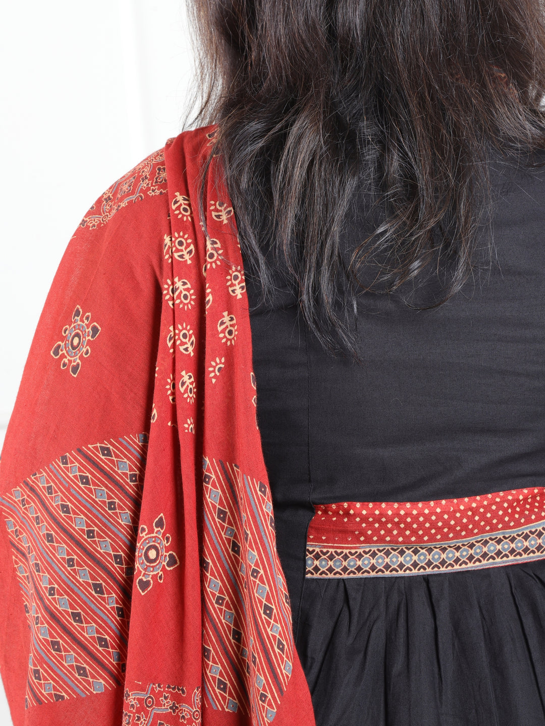 Malikaa Oil Black Front Gathered Panel with Ajrak and Mirror Work Cotton 3 Piece Set