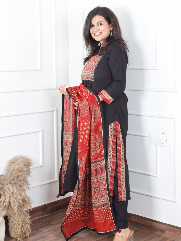 Malikaa Oil Black Front Gathered Panel with Ajrak and Mirror Work Cotton 3 Piece Set