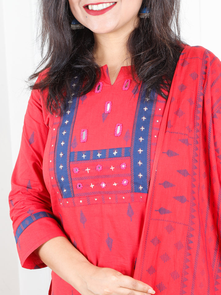 Malikaa Berry Red in Mirror Work Yoke in Piegment Print Cotton 3 Piece Set