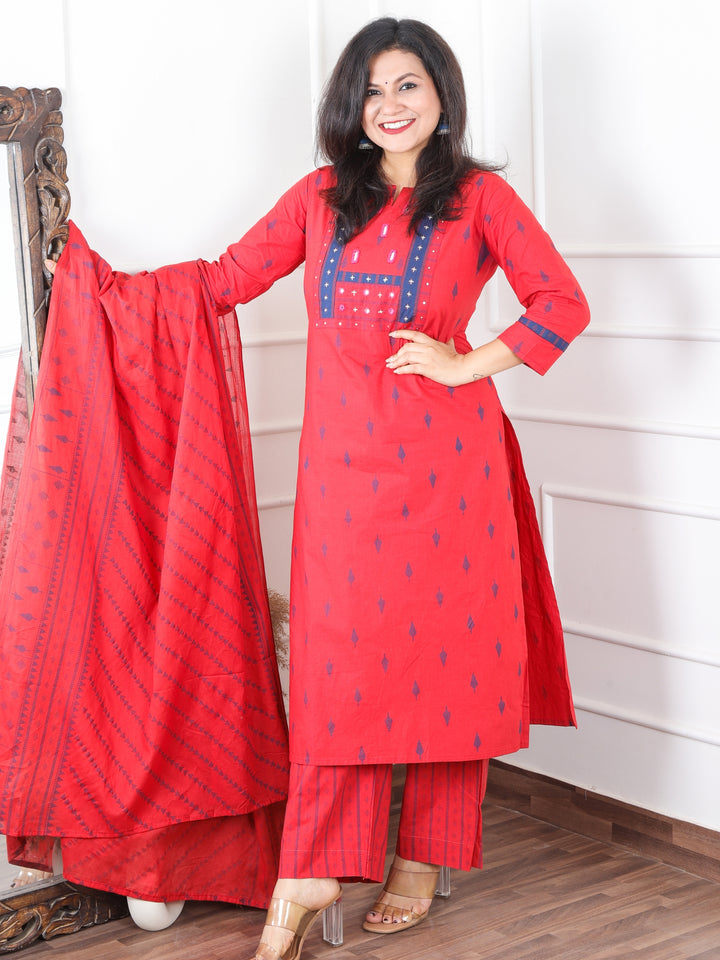 Malikaa Berry Red in Mirror Work Yoke in Piegment Print Cotton 3 Piece Set