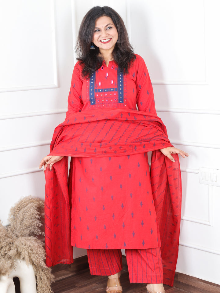 Malikaa Berry Red in Mirror Work Yoke in Piegment Print Cotton 3 Piece Set