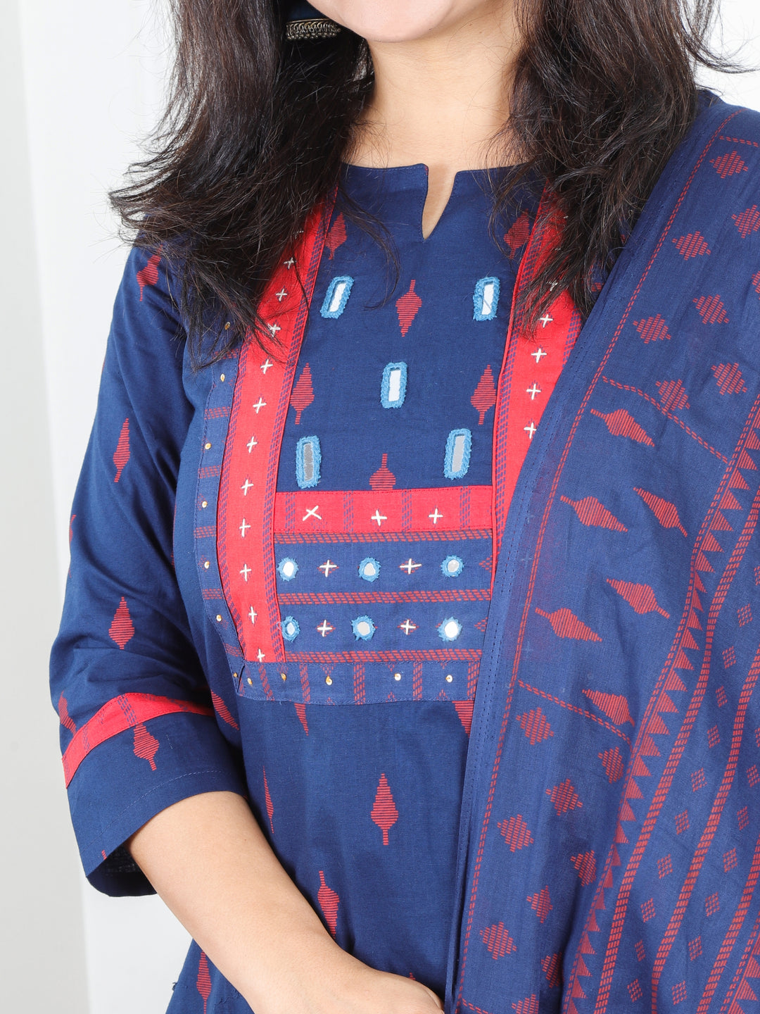 Malikaa Dark Navy Blue in Mirror Work Yoke in Piegment Print Cotton 3 Piece Set