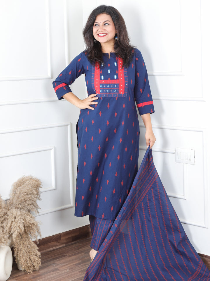 Malikaa Dark Navy Blue in Mirror Work Yoke in Piegment Print Cotton 3 Piece Set