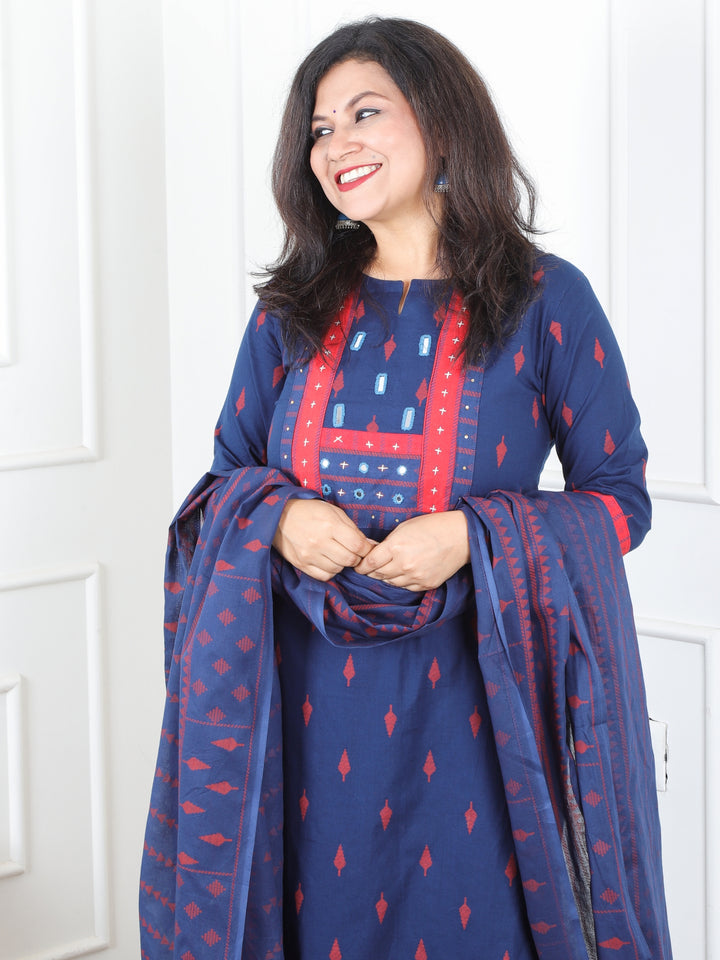 Malikaa Dark Navy Blue in Mirror Work Yoke in Piegment Print Cotton 3 Piece Set