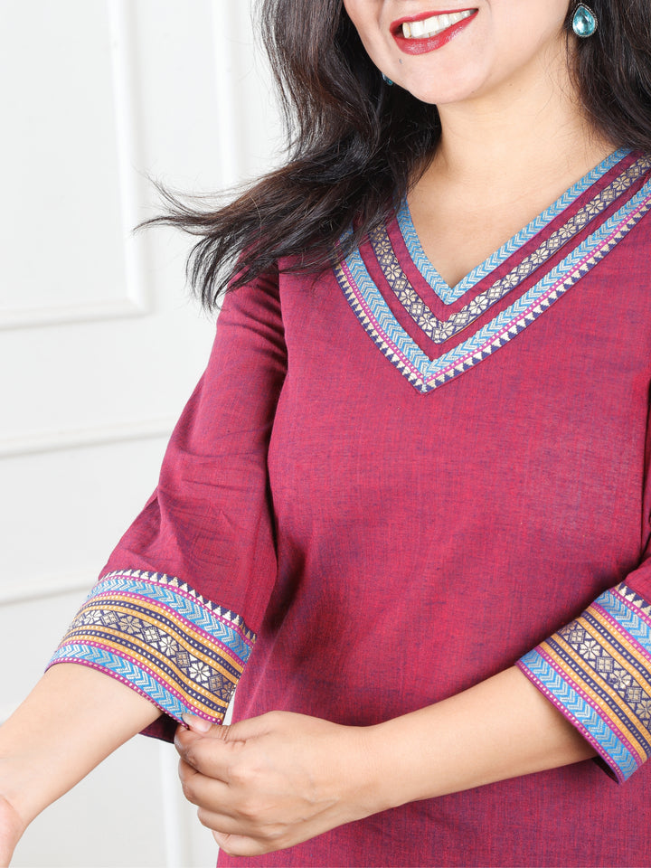 Sunaina Burgundy Wine V Neck with Mangalgiri Lace Work South Cotton Kurti