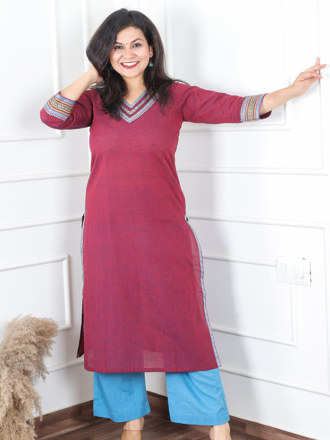Sunaina Burgundy Wine V Neck with Mangalgiri Lace Work South Cotton Kurti