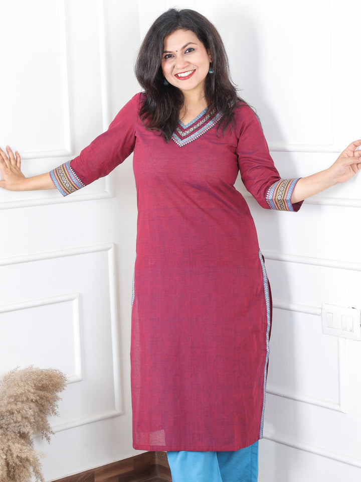 Sunaina Burgundy Wine V Neck with Mangalgiri Lace Work South Cotton Kurti