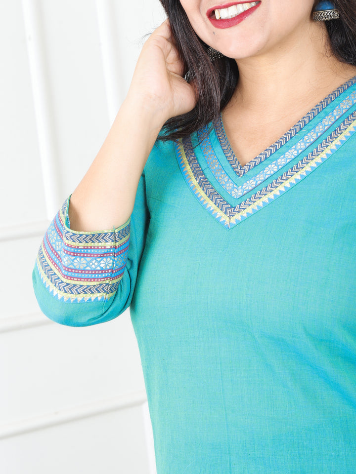Sunaina Sky Cyan Blue V Neck with Mangalgiri Lace Work South Cotton Kurti