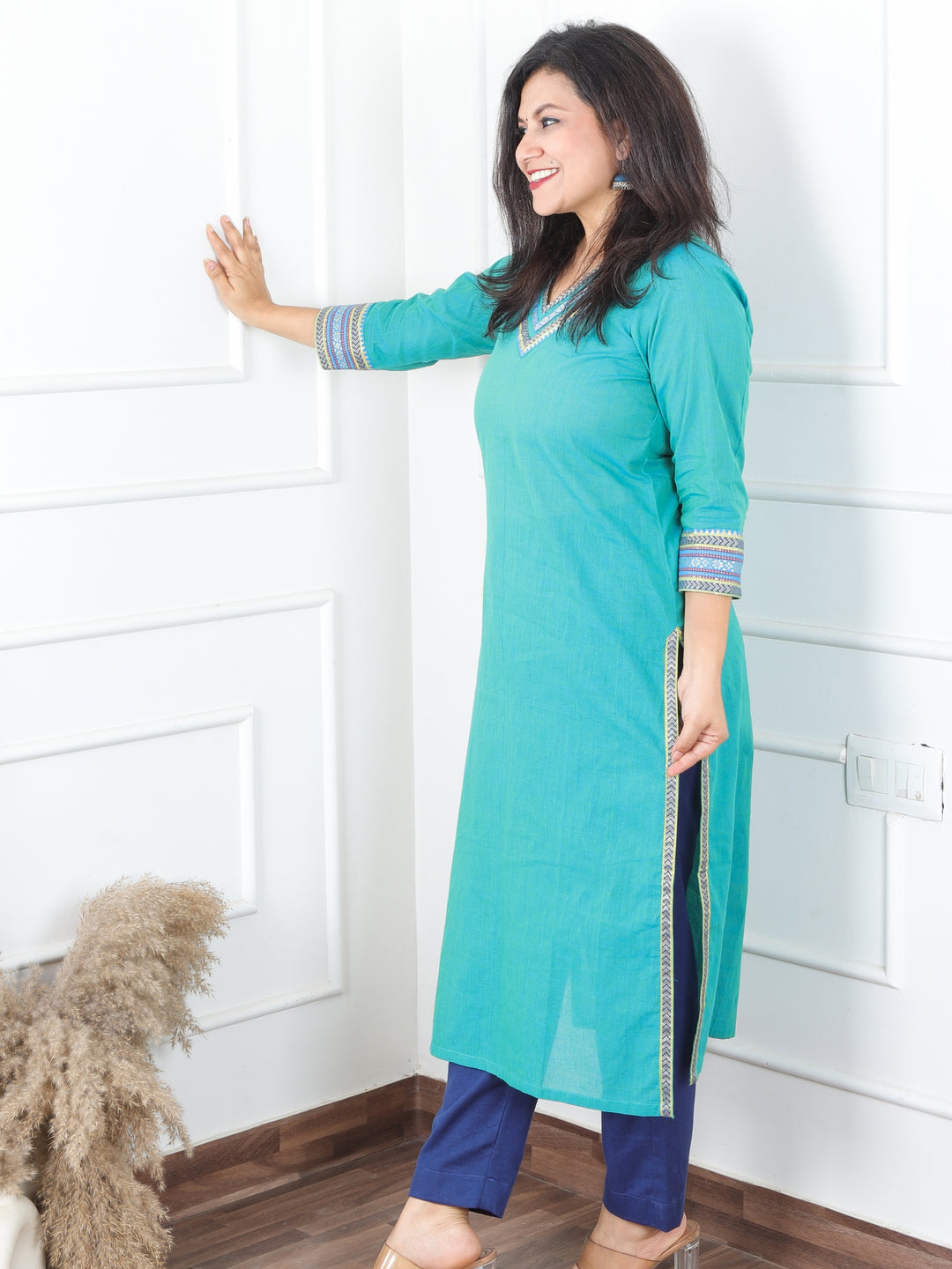 Sunaina Sky Cyan Blue V Neck with Mangalgiri Lace Work South Cotton Kurti