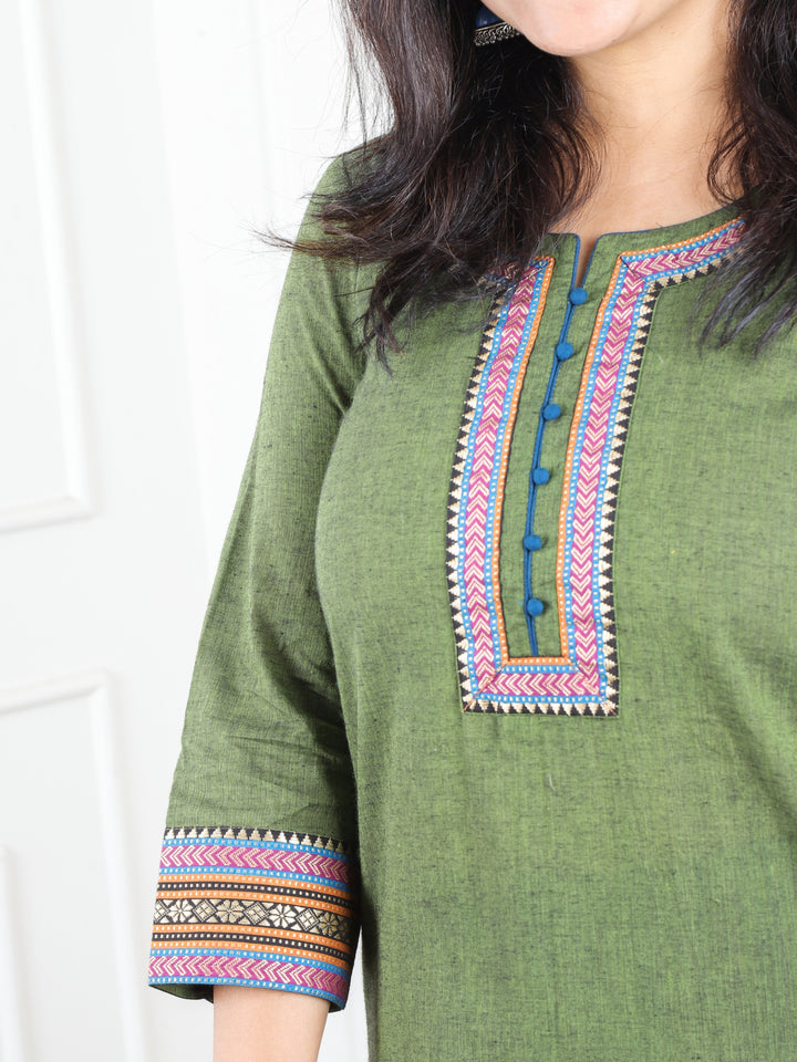 Sunaina Grass Green in Mangalgiri Lace Neck Work in South Cotton Kurti