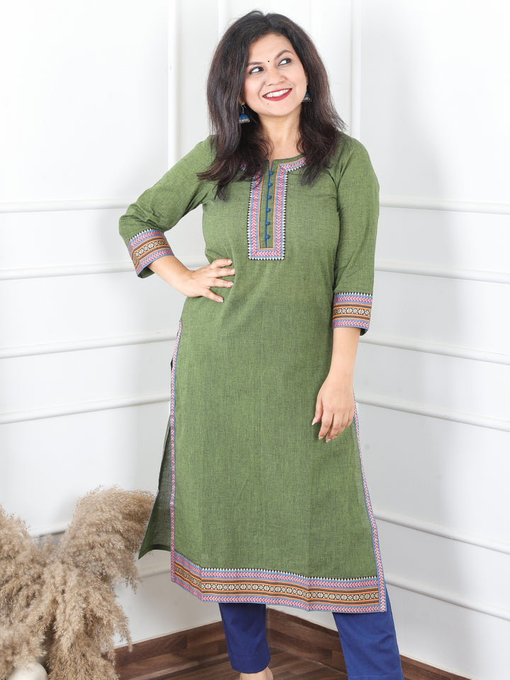 Sunaina Grass Green in Mangalgiri Lace Neck Work in South Cotton Kurti