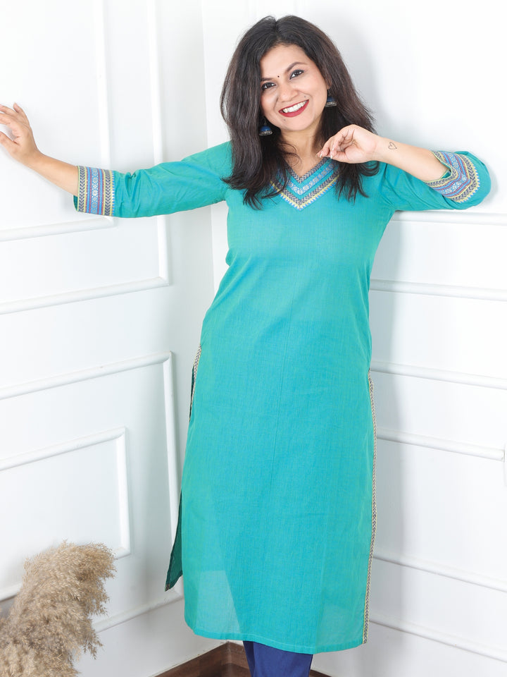 Sunaina Sky Cyan Blue V Neck with Mangalgiri Lace Work South Cotton Kurti