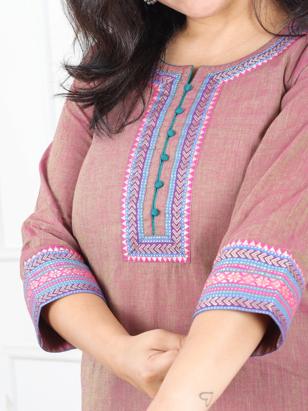 Sunaina Mauve Taupe in Mangalgiri Lace Neck Work in South Cotton Kurti