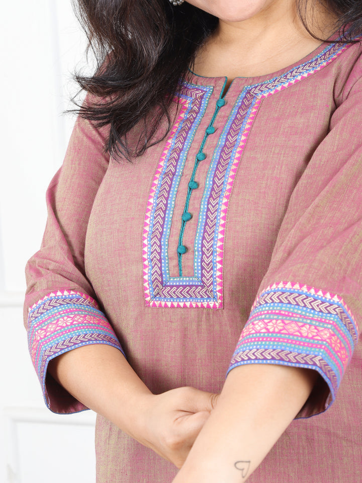 Sunaina Mauve Taupe in Mangalgiri Lace Neck Work in South Cotton Kurti