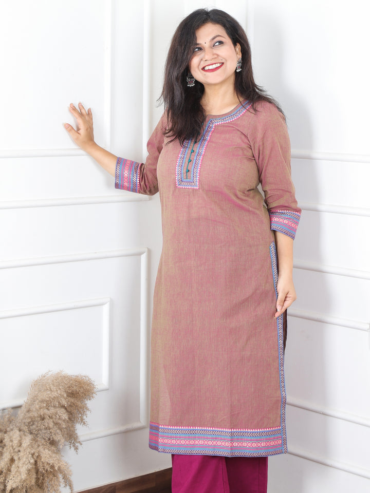 Sunaina Mauve Taupe in Mangalgiri Lace Neck Work in South Cotton Kurti