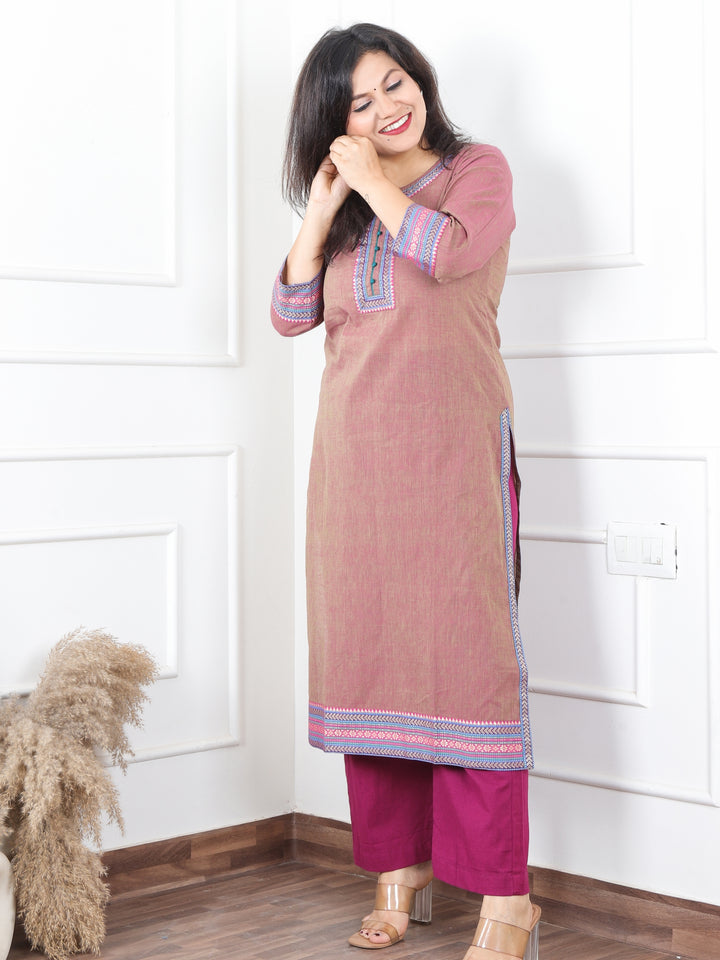 Sunaina Mauve Taupe in Mangalgiri Lace Neck Work in South Cotton Kurti
