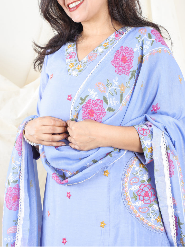 Malikaa Powder Blue Embroidered Neck with Embroidered Pocket Mul Chanderi 3 Piece Set
