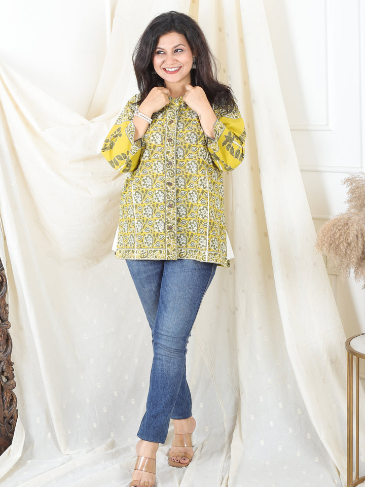 Rani Yellow Ban Collar with Piping and Button Work Green Floral Print Short Cotton Shirt