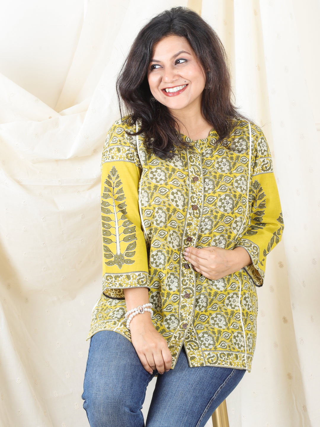 Rani Yellow Ban Collar with Piping and Button Work Green Floral Print Short Cotton Shirt