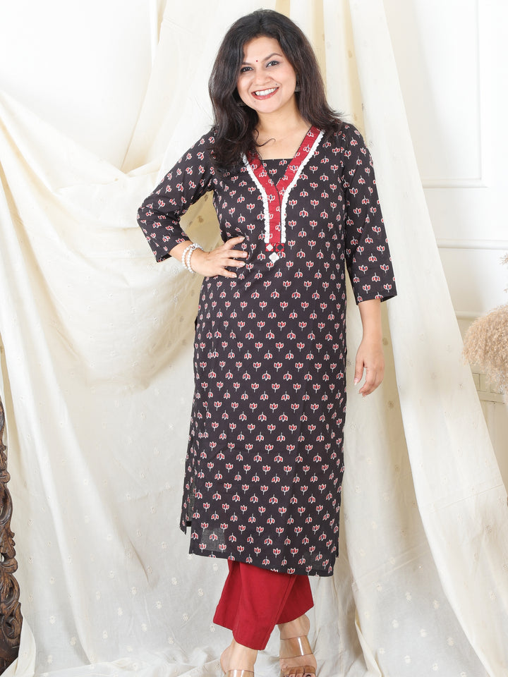 Hariyali Faded Black Lace Neck Work in Lotus Printed Cotton Kurti