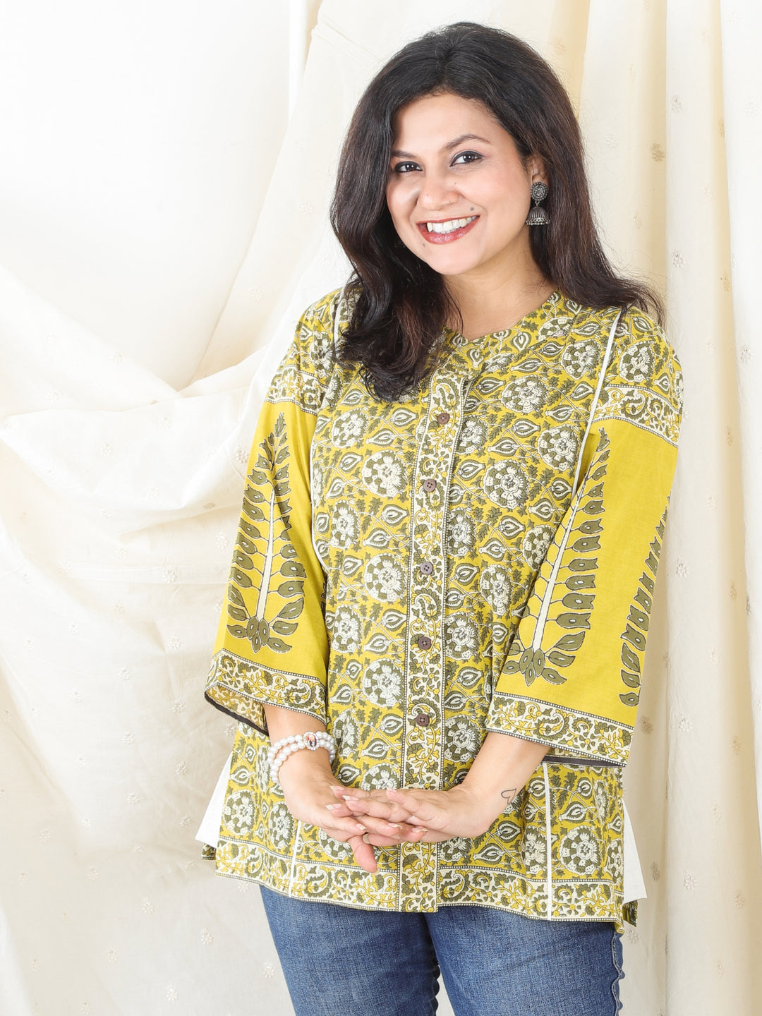 Rani Yellow Ban Collar with Piping and Button Work Green Floral Print Short Cotton Shirt