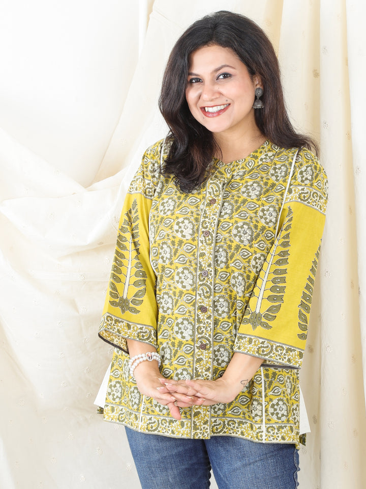 Rani Yellow Ban Collar with Piping and Button Work Green Floral Print Short Cotton Shirt