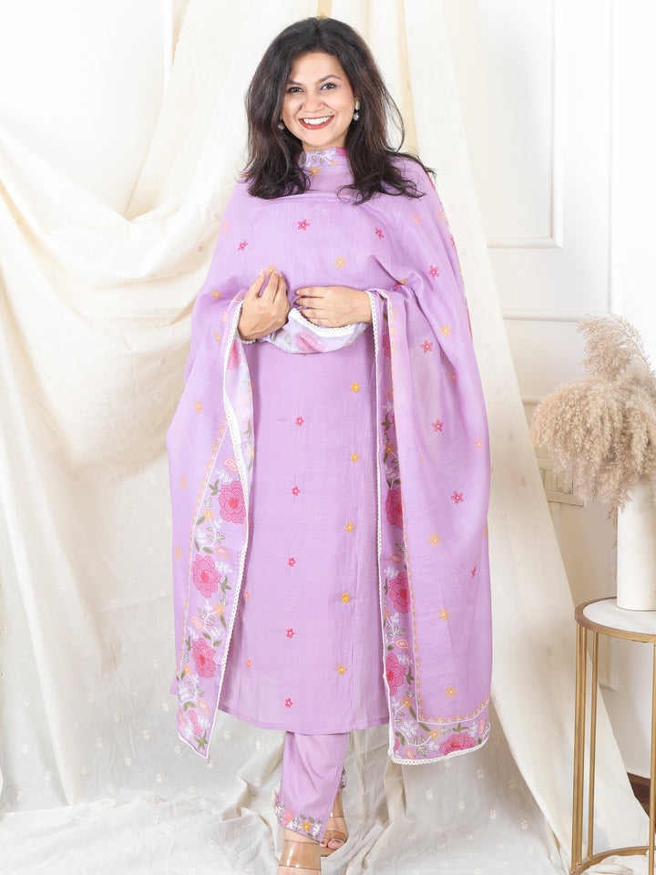 Malikaa Soft Lilac Embroidered Neck with Embroidered Pocket Mul Chanderi 3 Piece Set