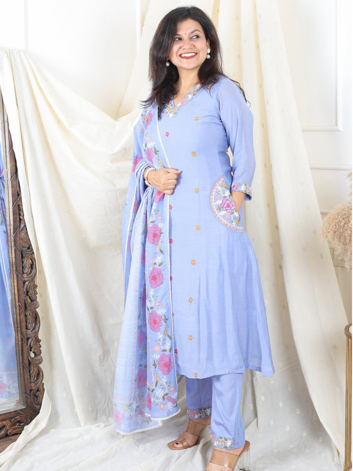 Malikaa Powder Blue Embroidered Neck with Embroidered Pocket Mul Chanderi 3 Piece Set