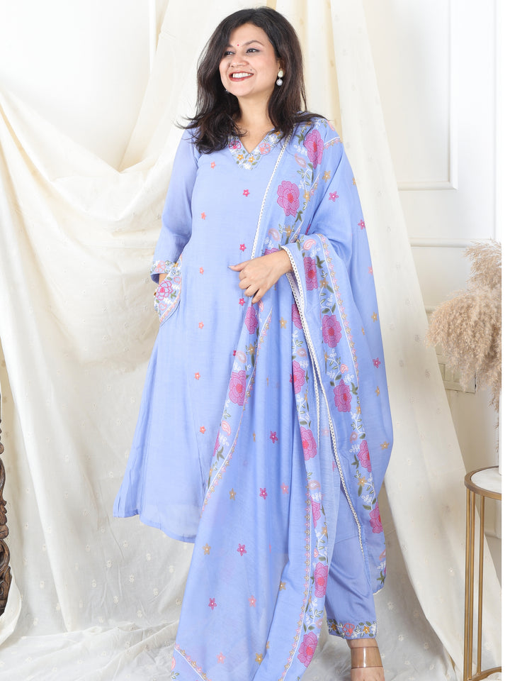 Malikaa Powder Blue Embroidered Neck with Embroidered Pocket Mul Chanderi 3 Piece Set