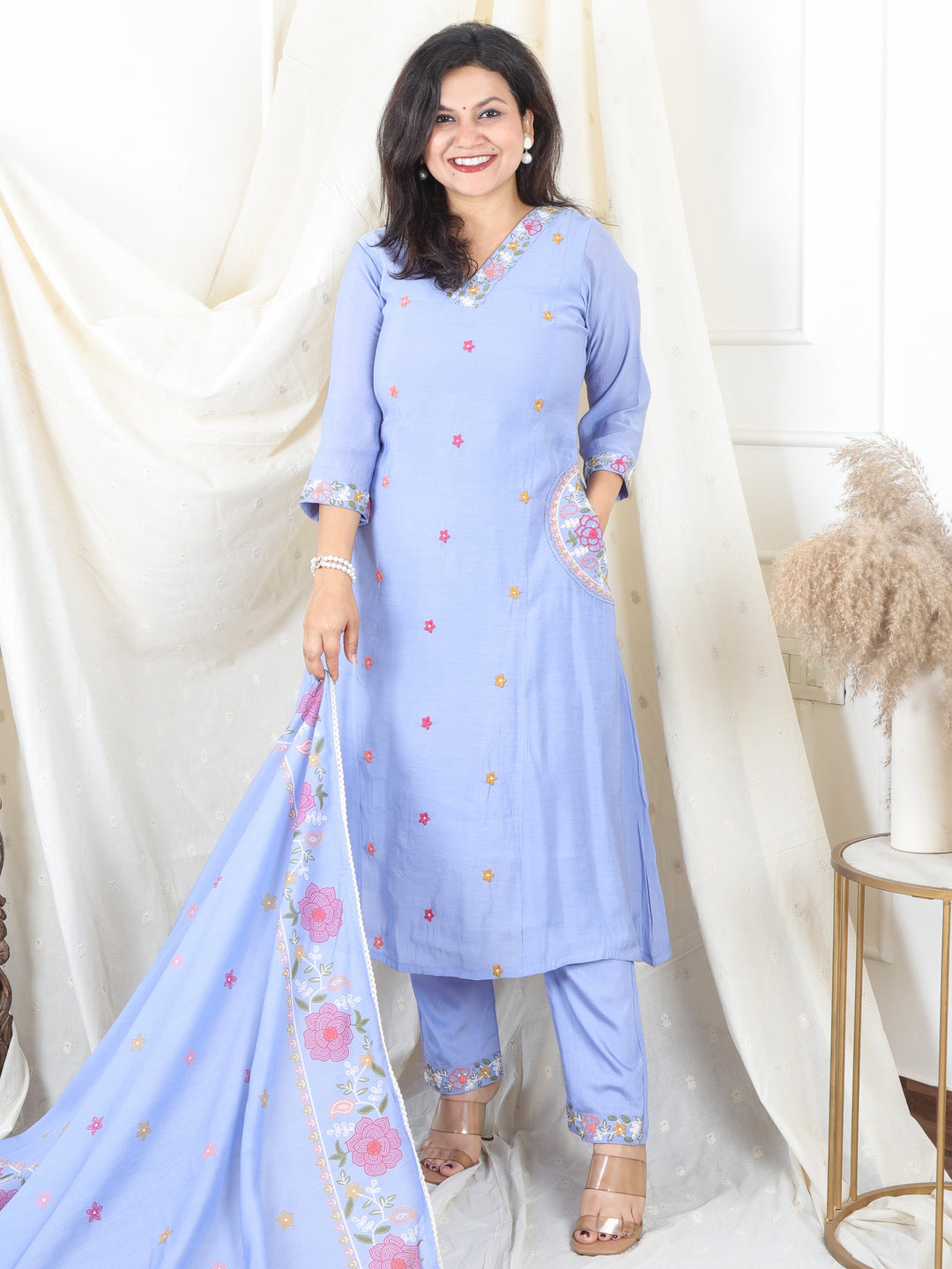 Malikaa Powder Blue Embroidered Neck with Embroidered Pocket Mul Chanderi 3 Piece Set