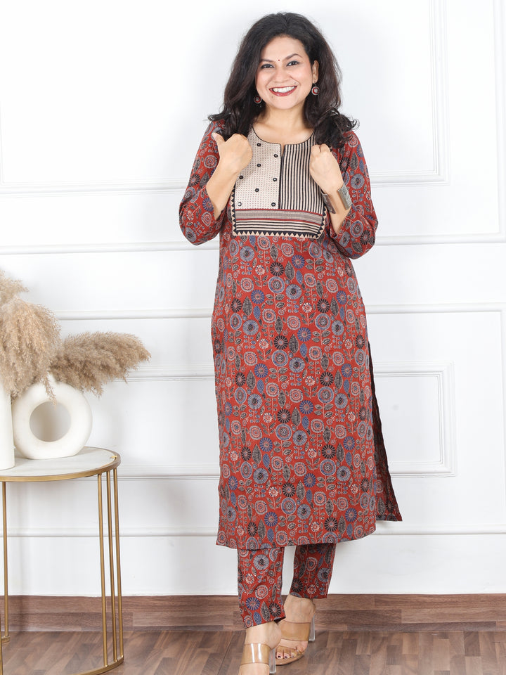 Hariyali Dark Red with Mirror Work Stripe Yoke Work Ajrak Printed Cotton Kurti