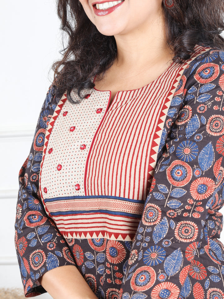Hariyali Ebony Black with Mirror Work Stripe Yoke Work Ajrak Printed Cotton Kurti