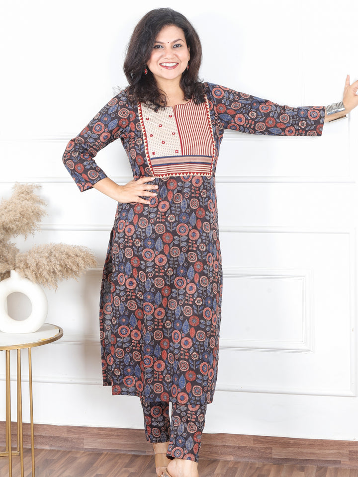 Hariyali Ebony Black with Mirror Work Stripe Yoke Work Ajrak Printed Cotton Kurti