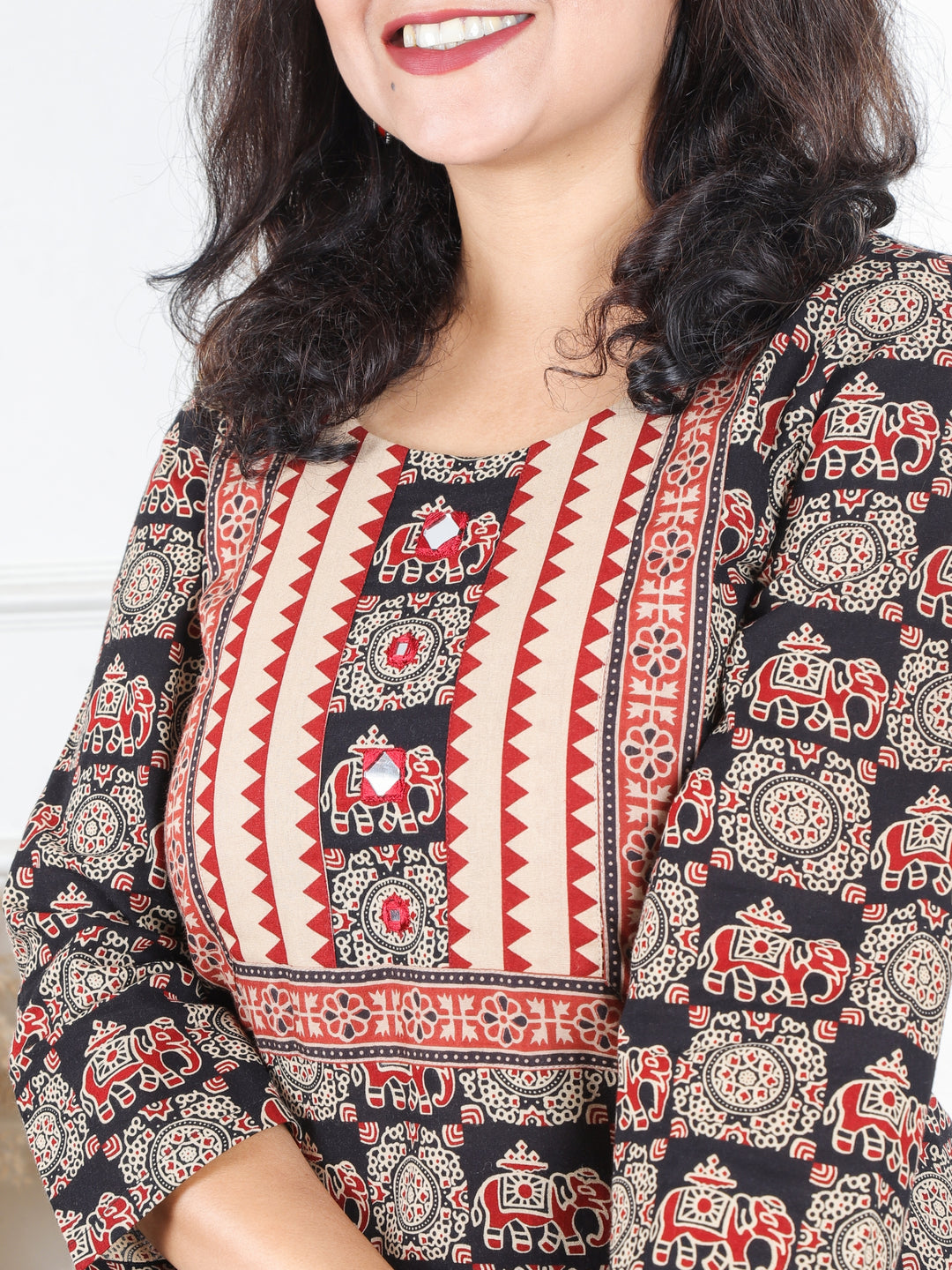 Hariyali Ebony Black Printed Yoke with Mirror Work Gajj Printed Cotton Kurti