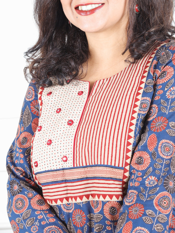 Hariyali Dark Blue with Mirror Work Stripe Yoke Work Ajrak Printed Cotton Kurti
