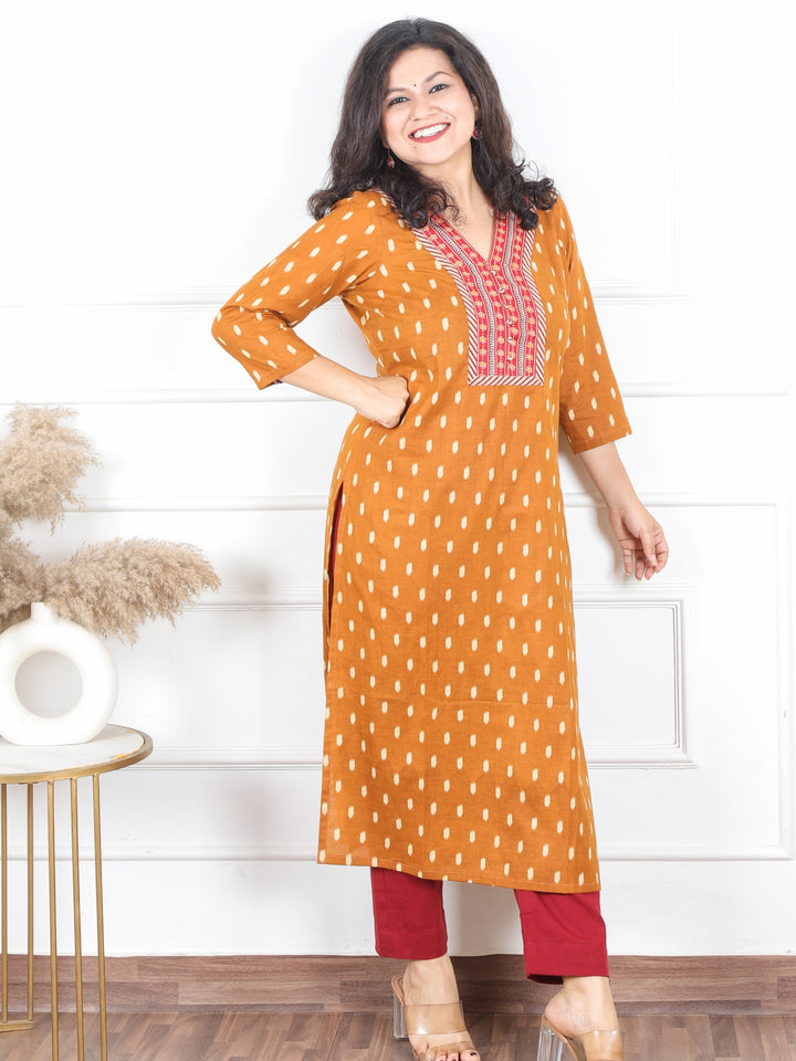 Hariyali Bronze Rust V Neck Lace Work in Ikkat Printed Cotton Kurti