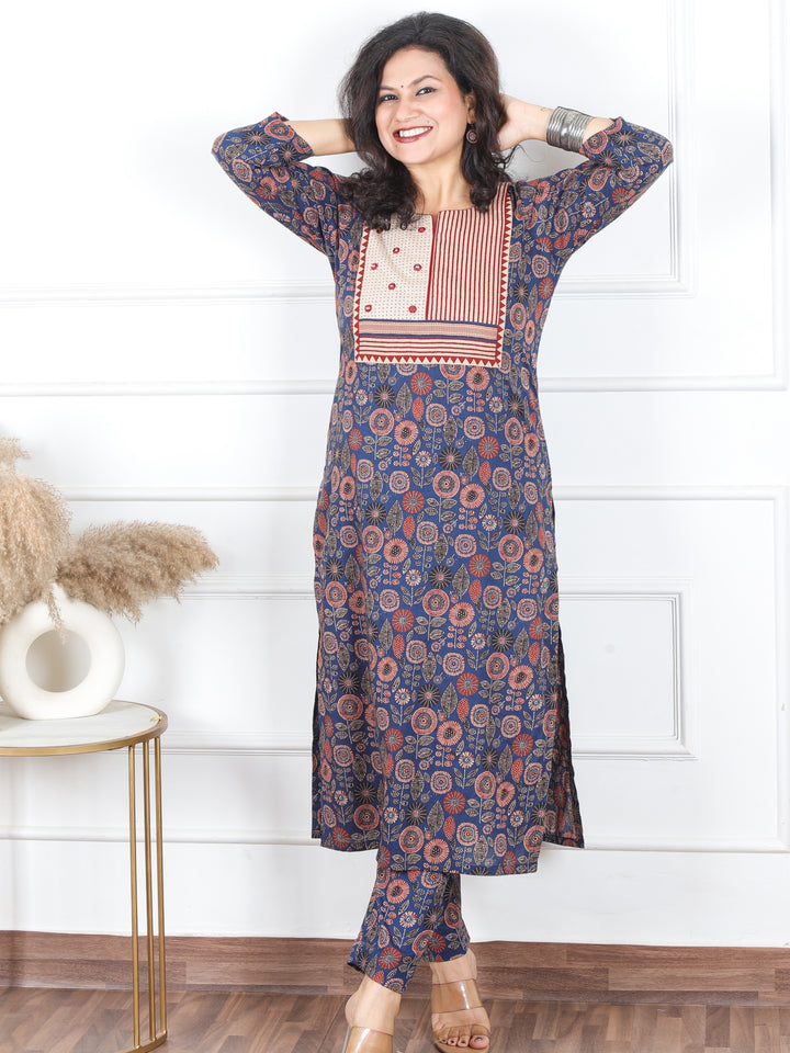 Hariyali Dark Blue with Mirror Work Stripe Yoke Work Ajrak Printed Cotton Kurti