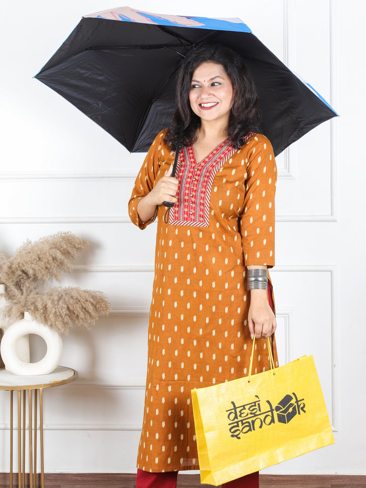 Hariyali Bronze Rust V Neck Lace Work in Ikkat Printed Cotton Kurti